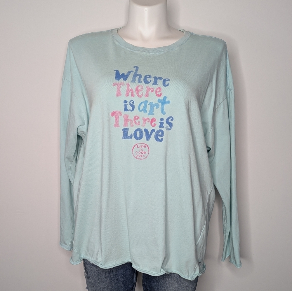 Life Is Good Blue Pink Inspirational Long Sleeve Cotton T-shirt XL